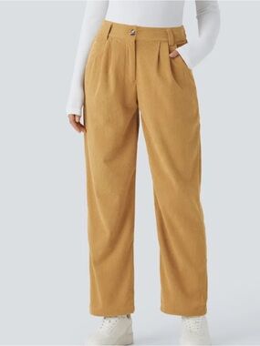 Halara Pants Womens Medium Regular Yellow Gold Corduroy Pleated Casual Fall